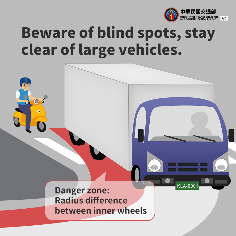 Beware of blind spots, stay clear of large vehicles.